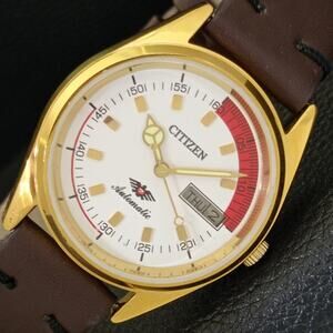 Vintage 1979 Citizen Automatic Mens Gold Watch W/daydate & Red accents